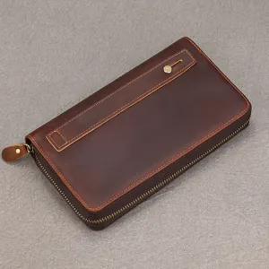 Vintage men's genuine leather long wallet, large capacity double zipper clutch phone bag.
