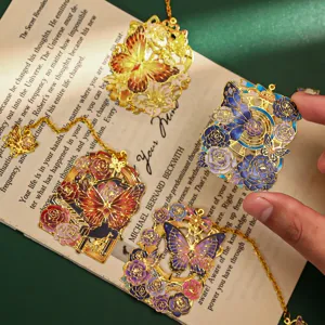 Exquisite metal butterfly bookmarks with hollow enamel flower design, elegant page clips for reading