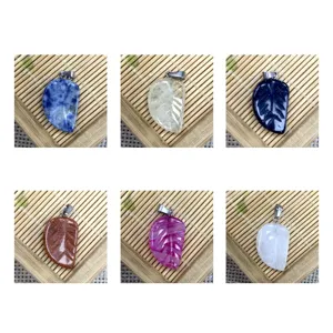 Pierre Naturelle Cristal Agate Pendentif Feuille Sculptée Collier Accessoires Bijoux DIY