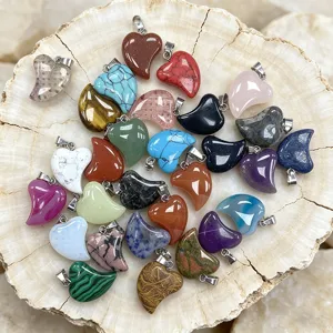 Natural Stone Heart Pendant Only Without Chain For DIY Jewelry Making Polished Agate Tiger Eye Gemstone Copper Bail Charm Accessories