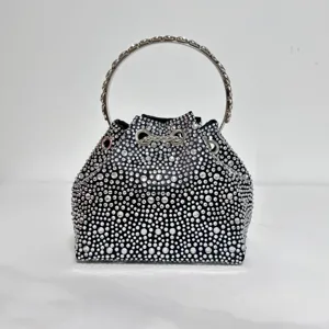 Sparkling rhinestone bucket evening bag detail, featuring dazzling crystals and metal handle.