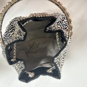 Elegant rhinestone bucket bag with metal ring handle, crystal evening shoulder bag for women.