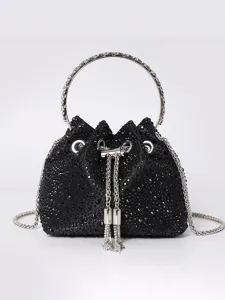 Rhinestone Tassel Evening Bag Luxury PU Leather Bucket Bag Chain Crossbody Handbag For Women Banquet Party