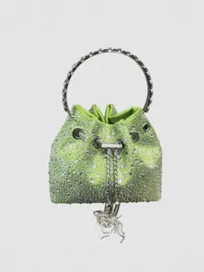 Stunning green rhinestone bucket bag with metal ring handle, chic sparkling evening bag.