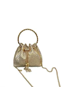 Gold Rhinestone Evening Bag Luxury Bucket Bag Metal Handle Chain Crossbody Bag Women