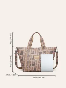 Sac cabas imprime geometrique vintage de grande capacite avec poignees et bandouliere.