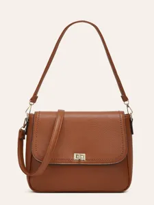 Brown crossbody shoulder bag for women, retro minimalist PU leather small square handbag.