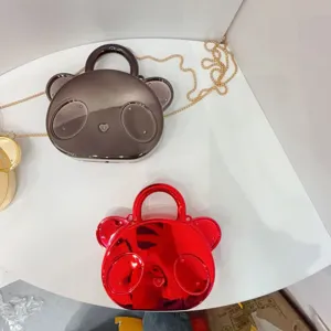 Cute glossy bear handbag for kids, mini princess crossbody bag with metallic chain.