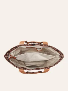 Vue intérieure détaillée du grand sac cabas fourre-tout vintage à imprimé géométrique.