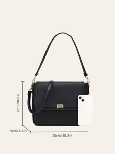 Elegant black leather shoulder bag with chic metal lock, versatile retro square bag style.
