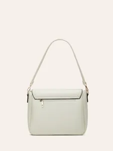 Back detail view of minimalist off-white leather shoulder bag with zipper pocket and gold hardware.