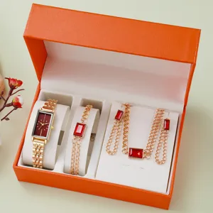 Set Orologio al Quarzo Rettangolare Dorato per Donna Bracciale Zircone Rosso Collana Orecchini Combinazioni con Confezione Regalo