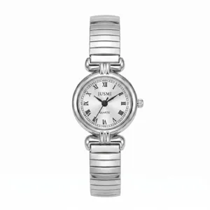 Silberne Damen Quarzuhr mit flexiblem Gliederarmband und rundem Retro-Zifferblatt für den Alltag.
