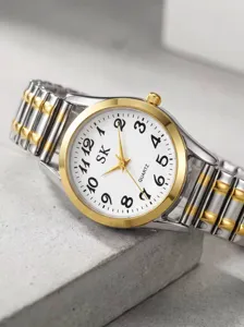 Reloj de cuarzo para mujer con correa elastica metalica bicolor y numeros grandes en esfera blanca.