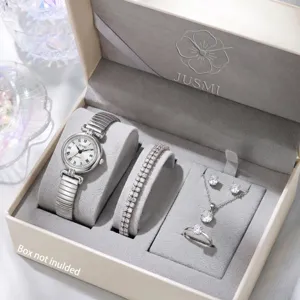 Retro Römische Zifferblatt Quarzuhr Damen Legierung Silber Edelstahl Armband Mode Lässige Armbanduhr Schmuck Set