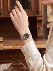 Vrouwen vintage achthoekige quartz horloge zilveren metalen band donkere wijzerplaat