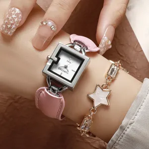 Montre femme carré en cuir à la mode avec ensemble de bracelet étoile en cristal brillant.