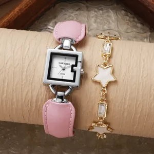 Montre femme carre en cuir et bracelet etoile cristal ensemble de bijoux tendance.