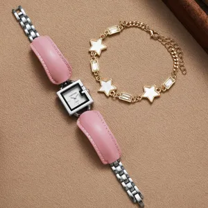 Ensemble montre carre femme bracelet cuir rose metal et bracelet strass etoile mode cadeau