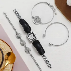 Ensemble de bijoux montre carrée femme et bracelets argentés, élégant bracelet en cuir.
