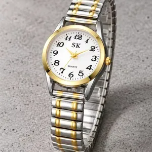 Reloj de Cuarzo para Mujer Bicolor de Acero Inoxidable con Correa Elástica Números Árabes Esfera Blanca