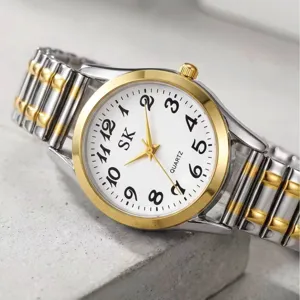 Reloj de cuarzo bicolor para mujer con números grandes y correa elástica, vista principal.