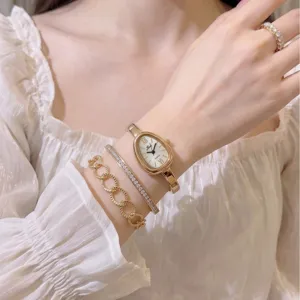Französisches Luxus Damen Armbanduhr Set Retro Oval Quarz Uhr mit modischem Schmuck Geschenk
