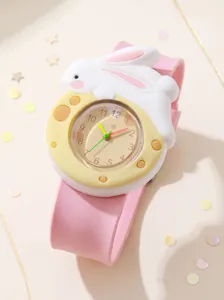 Cute 3D rabbit cartoon watch detail view, soft pink silicone slap band and yellow dial.