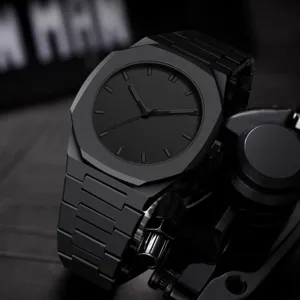 Men black quartz watch luxury minimalist octagonal dial stainless steel casual wrist watch