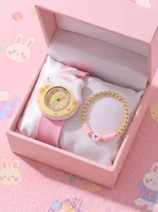 Kids cartoon rabbit silicone watch and beaded bracelet set in pink gift box for girls