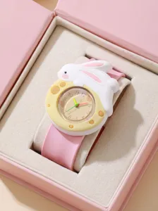Cute cartoon rabbit children silicone watch detail view, pink strap in nice gift box.
