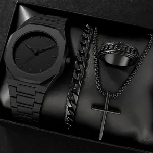Men Luxury All Black Quartz Watch Set With Bracelet Necklace Ring Sporty Octagonal Bezel Alloy Zinc Plastic Strap Wristwatch