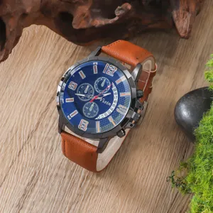 Montre quartz élégante pour homme d'affaires avec bracelet en cuir marron et cadran bleu.