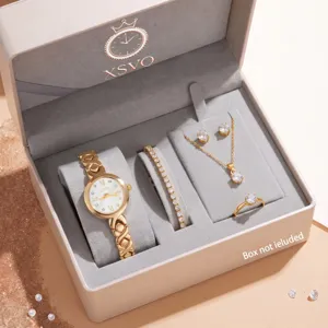 Reloj de cuarzo para mujer y juego de joyas con correa de aleación y esfera con diamantes.