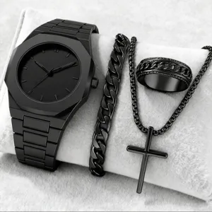All-black men's watch bracelet necklace ring set minimalist quartz timepiece jewelry