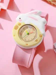 Cute cartoon rabbit silicone slap watch detail view with pink band and clear dial.