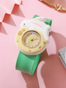 Cute cartoon rabbit silicone slap watch for kids, vibrant green band and yellow dial.