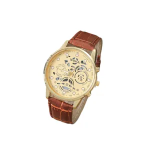 Heren goud holle mechanische horloge bruine lederen band mode casual quartz horloge