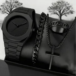 Black mens watch set quartz timepiece Cuban chain bracelet ring cross necklace luxury gift box