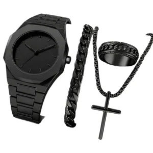 Men's all-black quartz watch set with matching chain bracelet, cross necklace and ring.