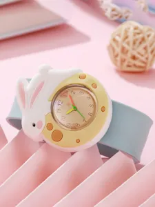 Cute cartoon rabbit children watch with soft silicone slap band and clear dial digits.