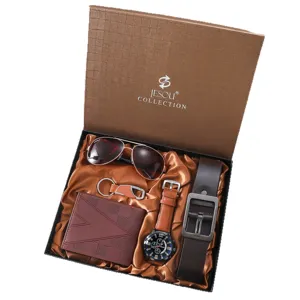 Coffret cadeau d'affaires pour homme 5 pièces avec portefeuille ceinture montre et lunettes.