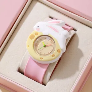 Cute cartoon rabbit children silicone watch with pink strap and gift box for kids.
