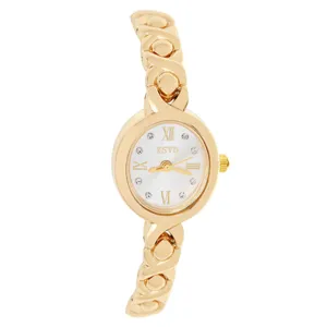 Reloj de cuarzo para mujer correa de cadena aleación dorada esfera blanca cristales