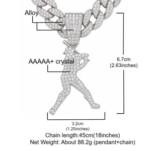 Men's hip-hop full rhinestone baseball player pendant necklace with cuban chain, alloy.