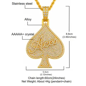 Hip hop mens gold spade Aces pendant necklace iced out crystal stainless steel jewelry