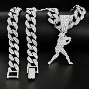 Men's hip hop full rhinestone paved baseball player pendant Cuban chain necklace jewelry