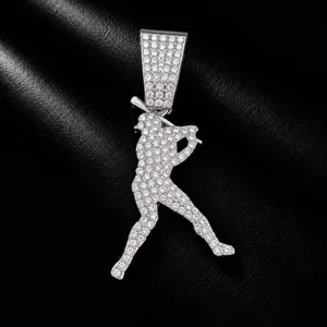 Men hip hop iced out baseball player pendant necklace sparkling rhinestone silver alloy jewelry