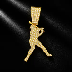 Iced out baseball player pendant gold hip hop necklace shiny rhinestone sports charm jewelry