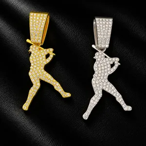 Iced out rhinestone baseball player pendant necklace hip hop fashion men jewelry detail shot
